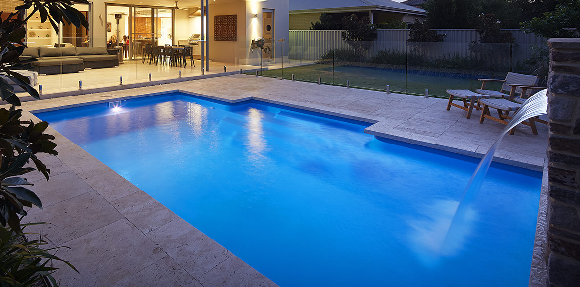 "Imperial" fibreglass pool design, pictured in backyard